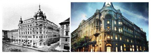The Eiffel Palace in Budapest, home of the newly opened British Business Centre - in the 1900's and today