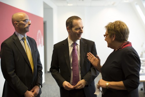 British Ambassador to Hungary Jonathan Knott, UK Minister of State for Trade and Investment Lord Livingston and Hungarian Minister for National Development Mrs Zsuzsa Németh at the opening of the British Business Centre in Budapest