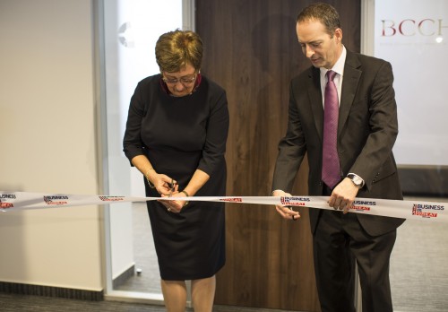 Mrs Zsuzsa Nemeth and Lord Livingston cutting the ribbon at the inauguration ceremony of the British Business Centre