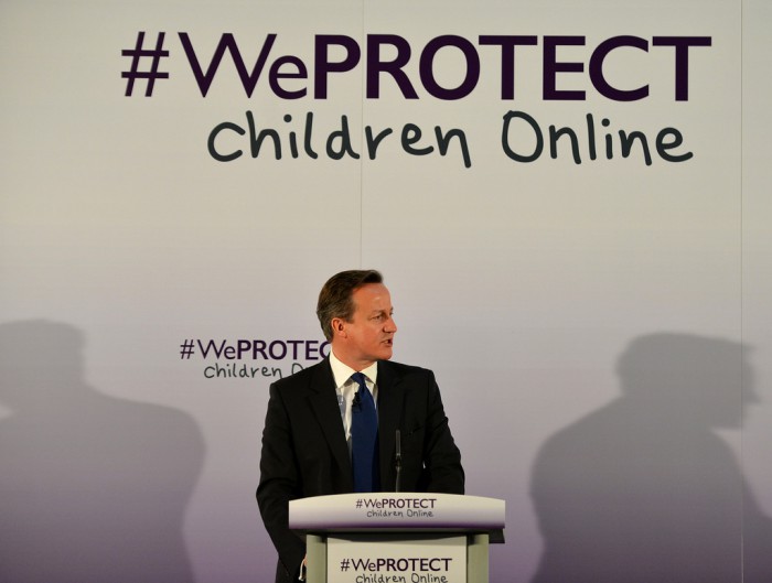 British Prime Minister David Cameron speaking at #WeProtect Children Online summit event in London, December 2014, where he announced new measures to prevent and punish those that deal in online child abuse.