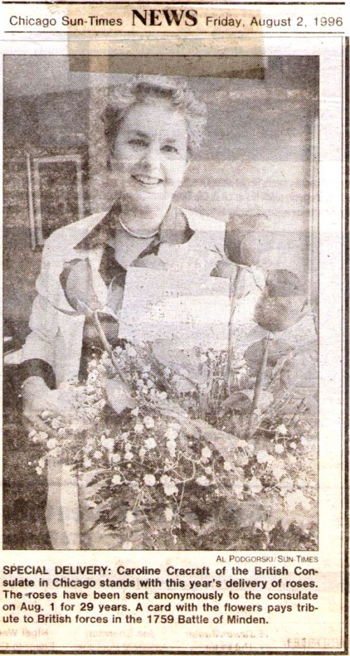 The Consulate's Caroline Cracraft with Minden Day roses in 1996