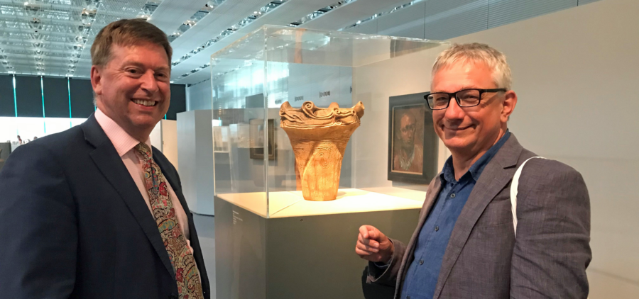Paul and Prof Simon Kaner with Jomon Fire Flame Vessel