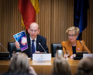 Daniel Pruce presentando el Protocolo Internacional en el Congreso de los Diputados, en un acto presidido por Carmen Quintanilla, presidenta de la Comisión de Igualdad del Congreso, el 29 de abril