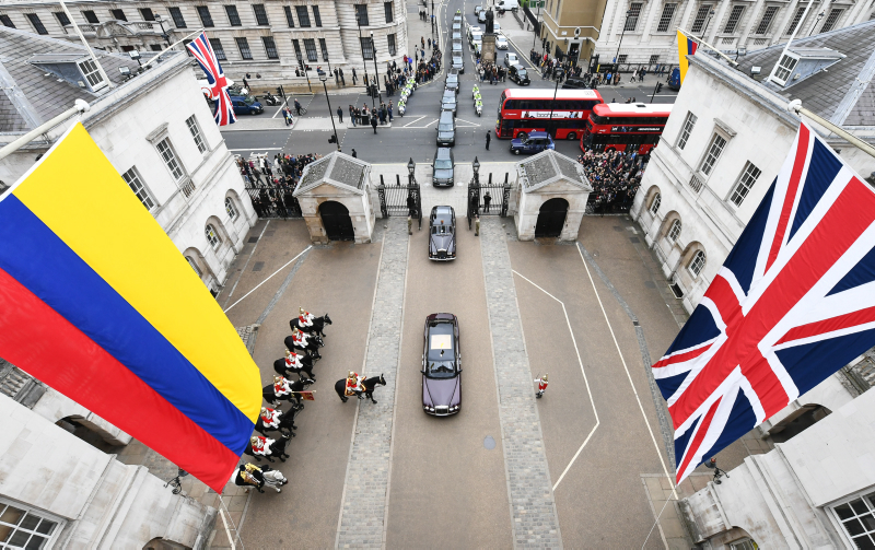 Pictured is a view on to the Tilt Yard of Horseguards as the vehicle procession carrying Her Majesty The Queen and His Royal Highness The Duke of Edinburgh and The President of the Republic of Colombia and Mrs Maria Clemencia Rodriguez de Santos at the start of the first Colombian State Visit. No detail was overlooked as Her Majesty The Queen and His Royal Highness The Duke of Edinburgh formally welcomed The President of the Republic of Colombia and Mrs Maria Clemencia Rodriguez de Santos to Britain today on Horse Guards Parade at the start of Colombia's first ever State Visit to the UK.   State Visits are the highest form of diplomatic contact between Sovereign states and are the high point of the ceremonial season.  The three-day visit will combine a programme of business, diplomacy and culture.