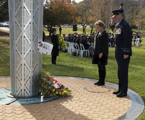 High Commissioner Menna Rawlings lays a wreath at the Bomber Command memorial. Picture courtesy of the Australian War Memorial