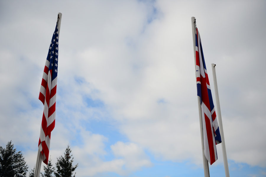 U.S. and UK flags on the mast
