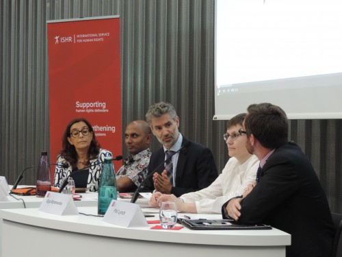 Panel Event on Human Rights Defenders and the Rule of Law: From left to right: Mona Rishmawi, Ruki Fernando, Julian Braithwaite, Olga Abramenko and Phil Lynch.