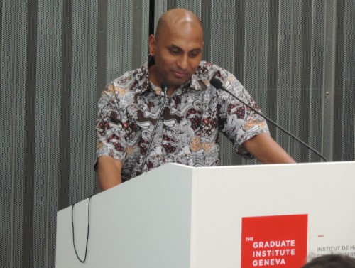 Ruki Fernando speaking at the UK Mission in Geneva round table