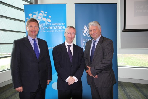 HE Paul Madden, Martin Donnelly and Professor Mark Evans, Director of ANZSOG
