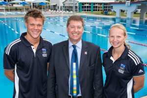 High Commissioner Paul Madden with Australian Olympic swimmers Chris Wright and Melanie Schlanger at the 100 days to go event at the Gold Coast Aquatic Centre in Queensland