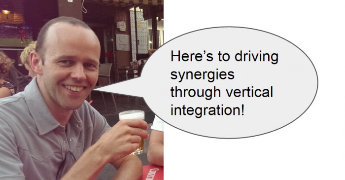 Tom drinks to business success: 'here's to driving synergies through vertical integration'