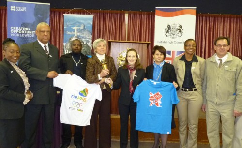 Chairwoman Ms. Kambala, Special Olympics Namibia, Dr. Veii, Director of Sports MYNSSC, Sunny Boy, Special Olympics Ambassador Nambia, H.E. Ms. Sampaio Fernandes, H.E. Young, Mrs. Beukes, Director of the British Council, Mrs. Katjiongue, Chairperson of the Namibia Sports Commisison, & Mr. du Plessis, Principal of Dagbreek School
