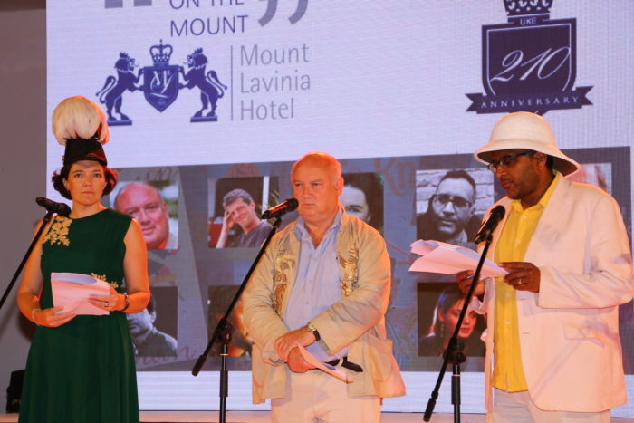 Laura Davies with Louis de Bernieres and Rohan Candappaon the stage. 