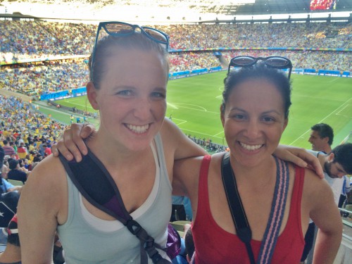 Me and colleague and friend Rachel Atterstrom at the Costa Rica vs. Uruguay match at Estadio Castelao in Fortaleza, Brazil