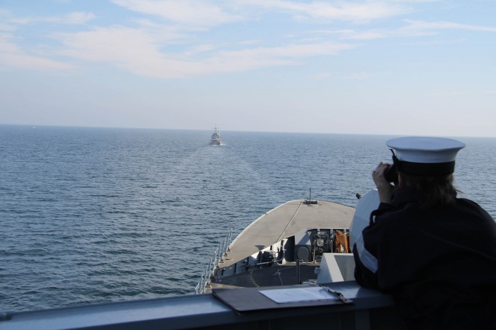 HMS Duncan takes part in exercise with a Bulgarian Navy minesweeper on 14 November 2015.