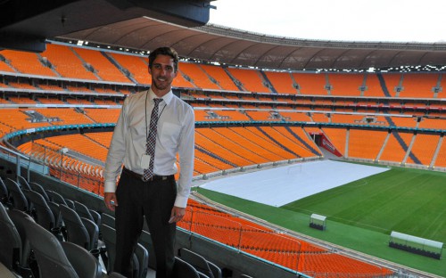 At FNB Stadium/Soccer City as part of the Queen's Baton Relay through Johannesburg. 