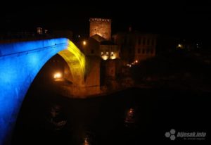 Old Bridge in Mostar in colours of Ukrainian flag