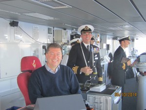 On the bridge of HMS Daring with Commander Angus Essenhigh RN