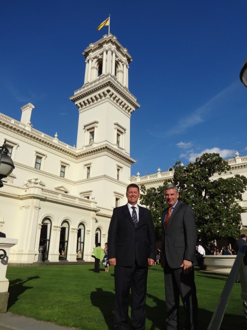HE Paul Madden with Consul General Gareth Hoar at Government House, Melbourne.