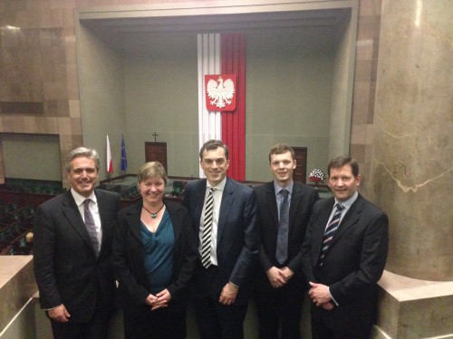 Mark Garnier MP, Chargé d’Affaires Sarah Tiffin, Julian Smith MP, Michal Cichowlas and Ian Fox on a tour of the Polish Parliament