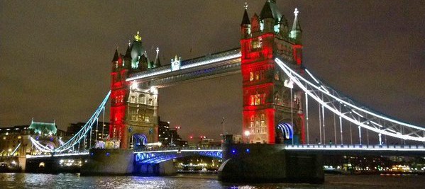 Tower Bridge lighted up in Tricolors