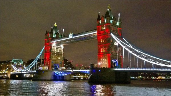 Tower Bridge lighted up in Tricolors