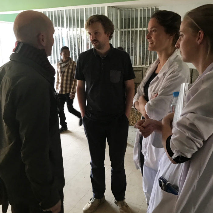 VSO CEO Philip Goodwin meets VSO Dutch international volunteers Dr Nanda Blaansjar (right) and biomedical engineer Hilbert-Jan (centre) at Hosanna hospital in Ethipoia, where they volunteer.