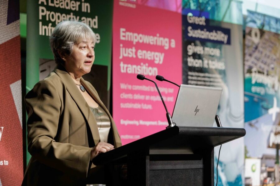British High Commissioner to Australia Vicki Treadell addresses attendees at the Australian British Chamber of Commerce's Energy Transition and Investment Summit in Sydney.