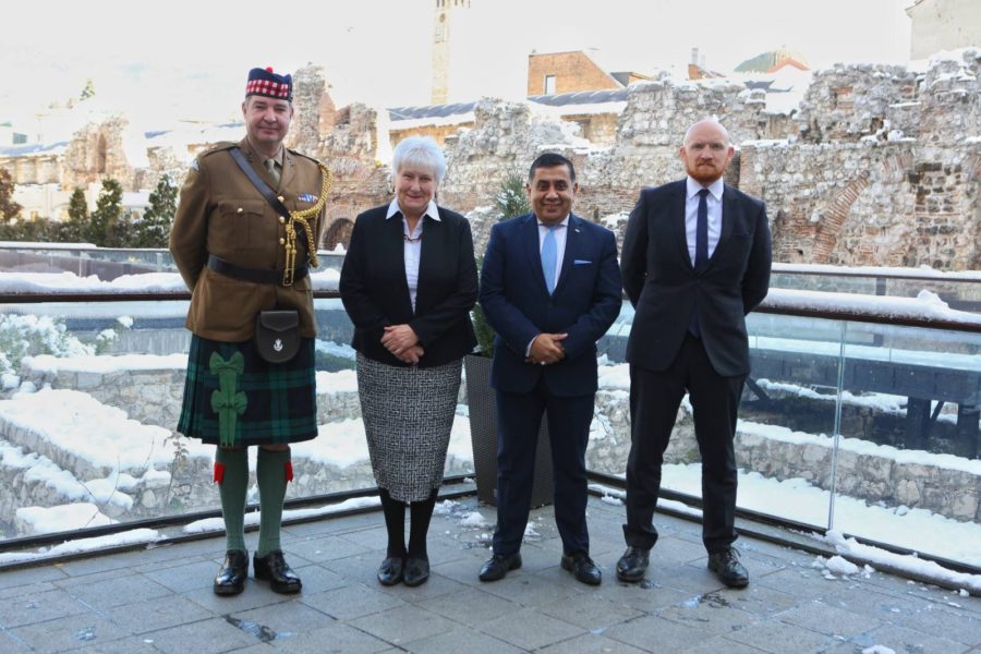 Baroness Goldie and Lord Ahmad of Wimbledon with HMA Matt Field and DA LtCol Andrew Tait in Sarajevo