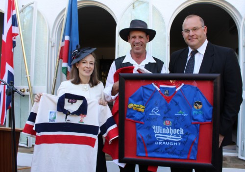 Myself, HE Mrs Marianne Young, with the successful bidder for the signed Namibian Rugby Team jersey, Mike Whiterock, and Namibia Rugby Union CEO, Sybrand de Beer.