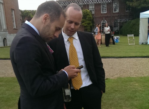 A whole new cheeversation: Chevening Scholar Axel from Bosnia, left, tests the new system with Mark from the Digital Transformation Unit in the grounds of Chevening House