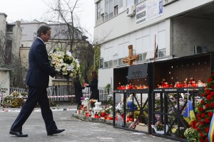 PM David Cameron visited Club Colectiv to lay a wreath during his trip to Romania (Photo: Crown Copyright, Credit: Georgina Coupe)