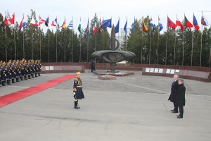 Romanian Honour Guard salute Defence Secretary Michael Fallon during his visit to Bucharest