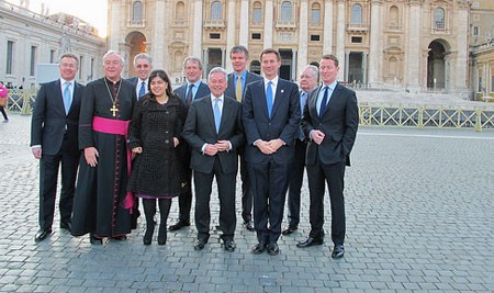 The Delegation of Ministers from the Government of the United Kingdom pictured in St Peter's Square, marking the official start of the two-days visit to the Holy See. The Most Revd Vincent Nichols, Archbishop of Westminster, accompanied the Delegation.