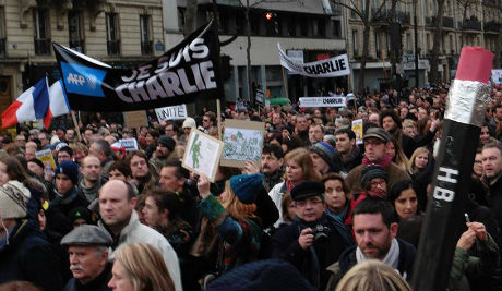 La marche républicaine du 11 janvier 2015 à Paris suite aux attentats chez Charlie Hebdo.